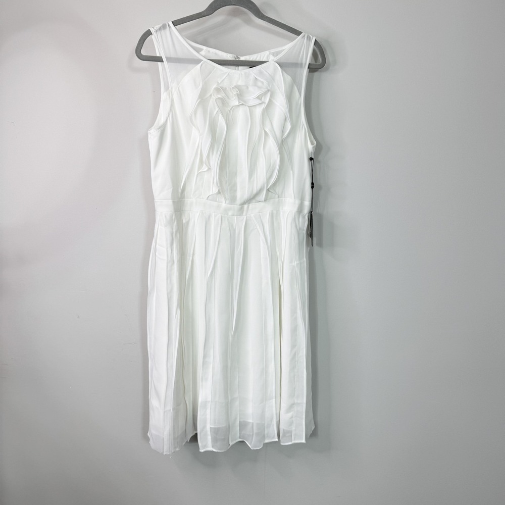 Adrianna Papell Dress Womens 14 White Chiffon Fit Flare Ruffle Pleated